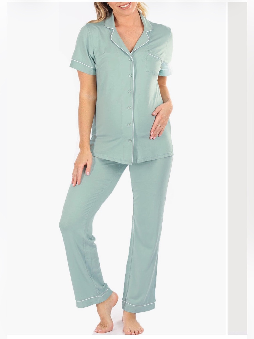 Maternity Sage Green Short-Sleeve Button-Up Shirt